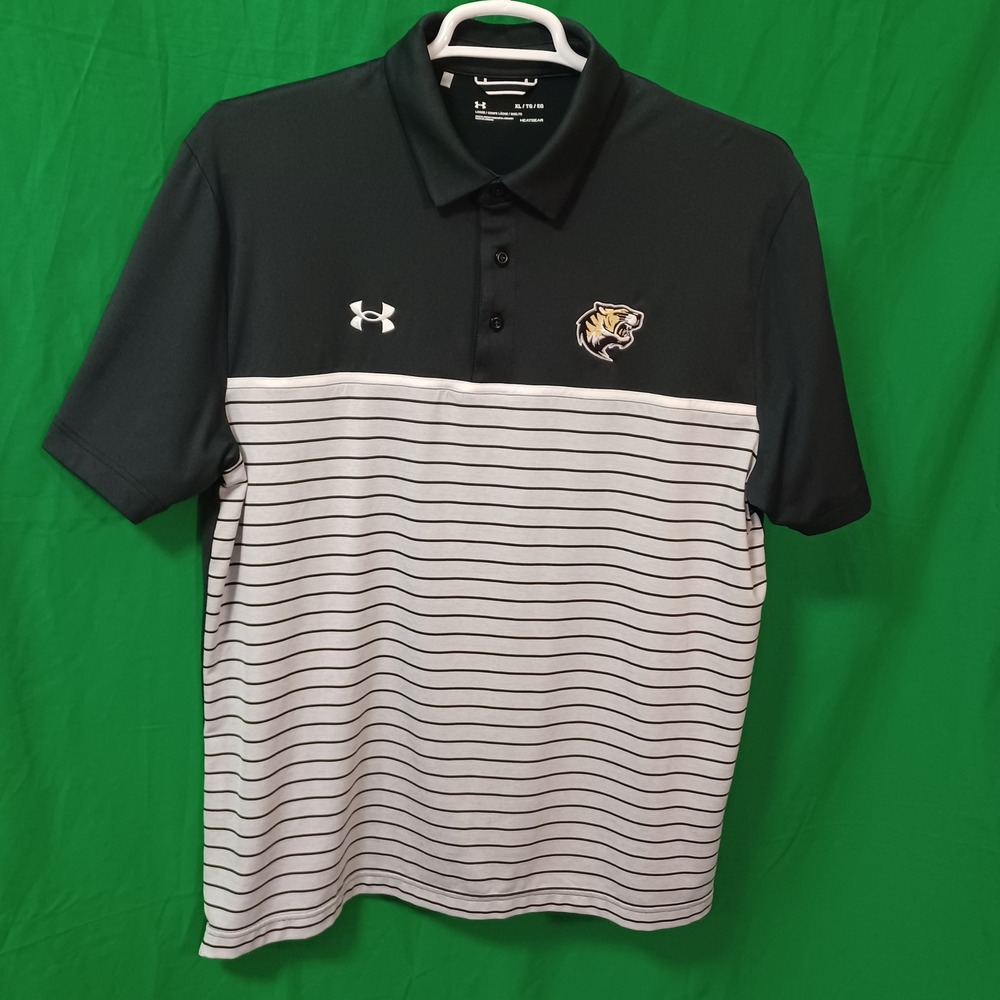 Under Armour Mens HeatGear Polo Shirt XL Black Striped Tiger Logo 1348073-001